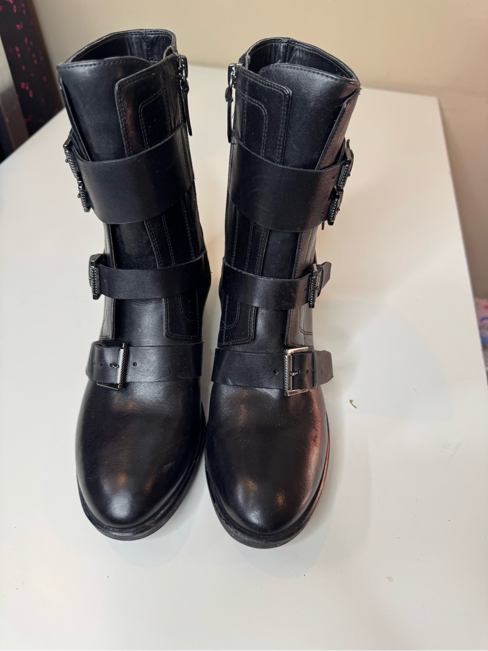 Kenneth Cole Black Leather Moto Harness Buckle Mid-Calf Boots Women’s Size 8.5M